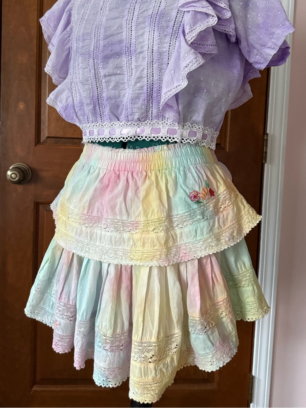Loveshackfancy Tropical Embroidered Hand Dye Rainbow Ruffle Mini Skirt Medium